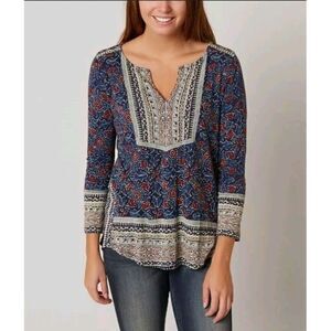 Lucky Brand Boho Top Size 1X Blue Floral Long Sleeve Top Women V-neck